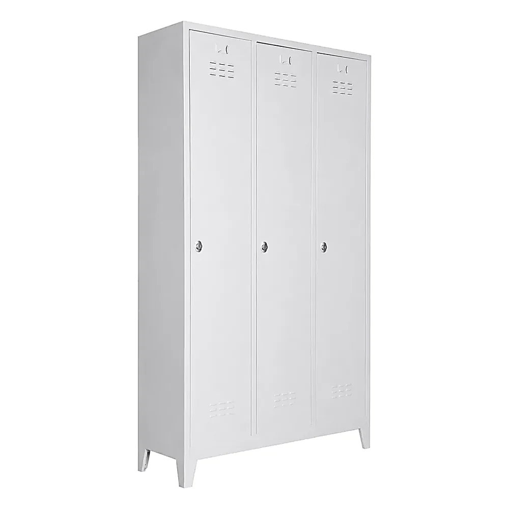 3-door steel locker in white, front view