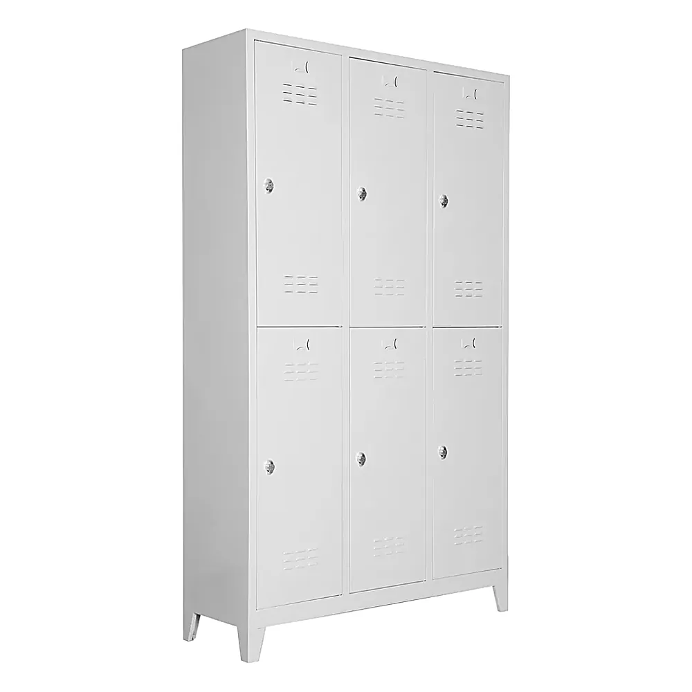 Six-door steel locker in white, three columns and two tiers