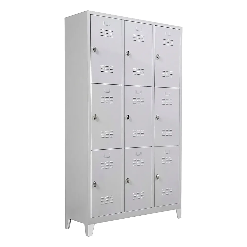 Nine-door steel locker in white, three columns and three tiers