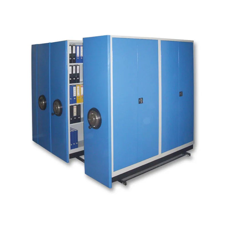 Compact mobile archive rows in blue on floor rails, one row opened to show the shelves