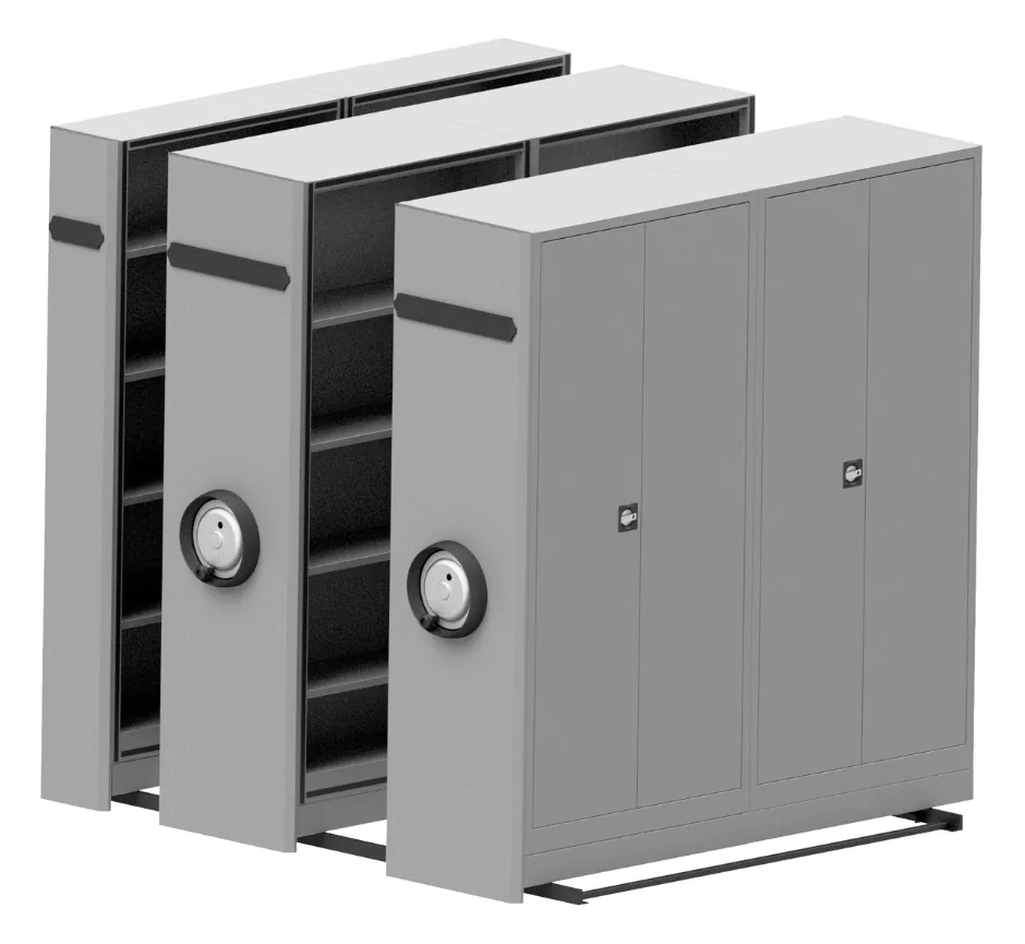 Three rows of compact mobile archive on floor rails, one aisle opened to show the shelves