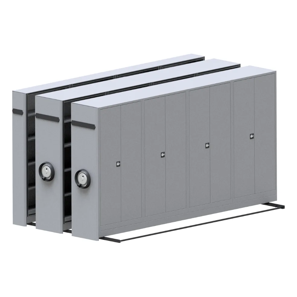 Four bay compact archive rows closed together on their floor rails