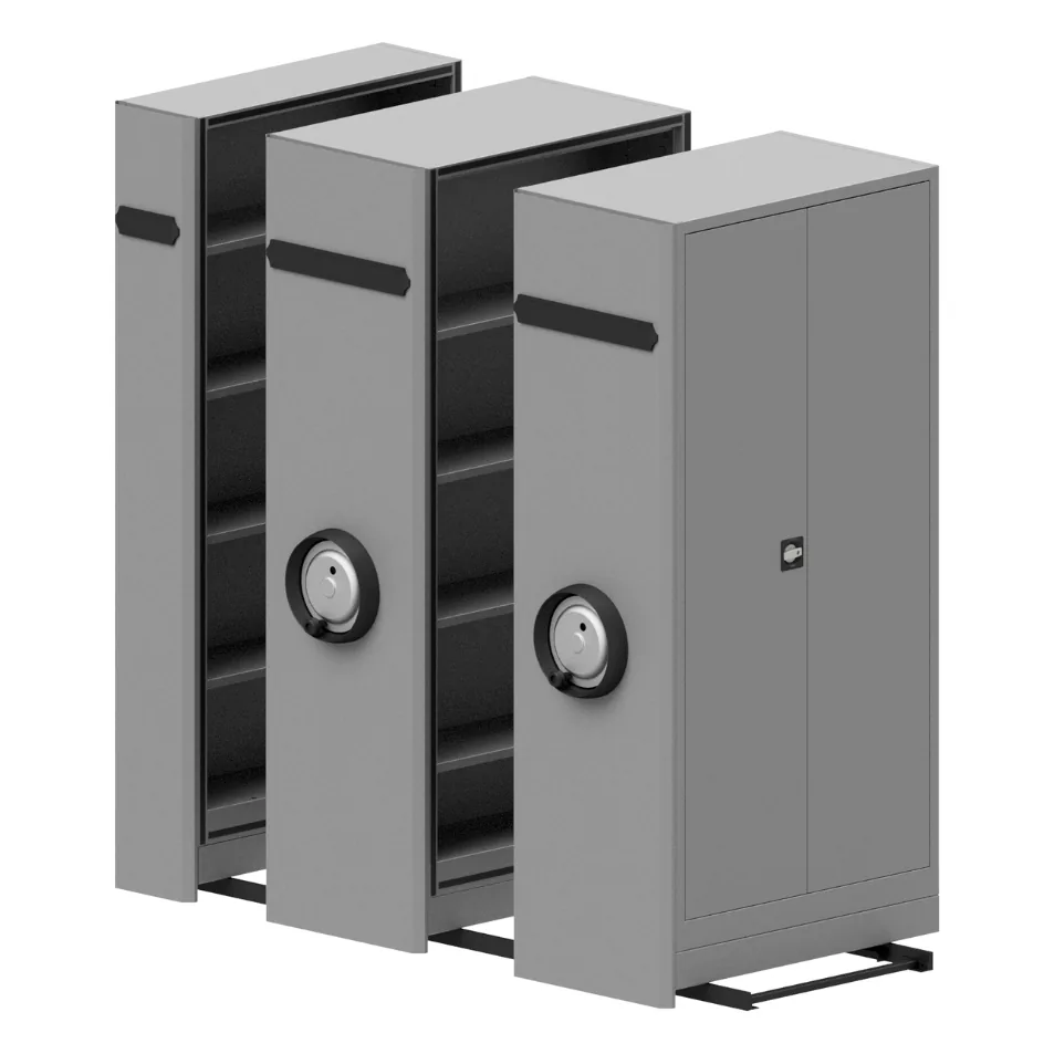 Single bay compact archive rows, one aisle open showing four shelves in five tiers
