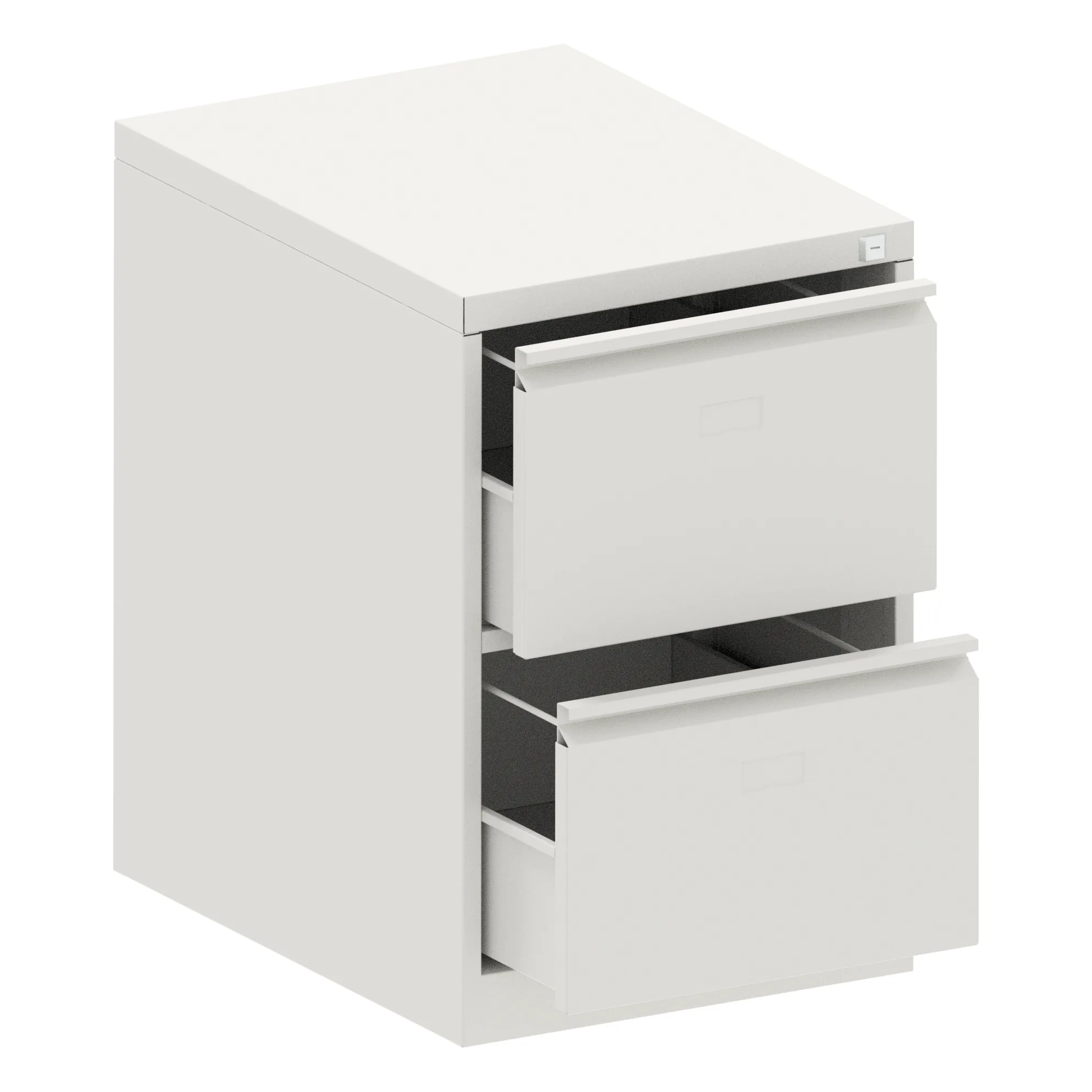 Two drawer steel filing cabinet with both drawers open