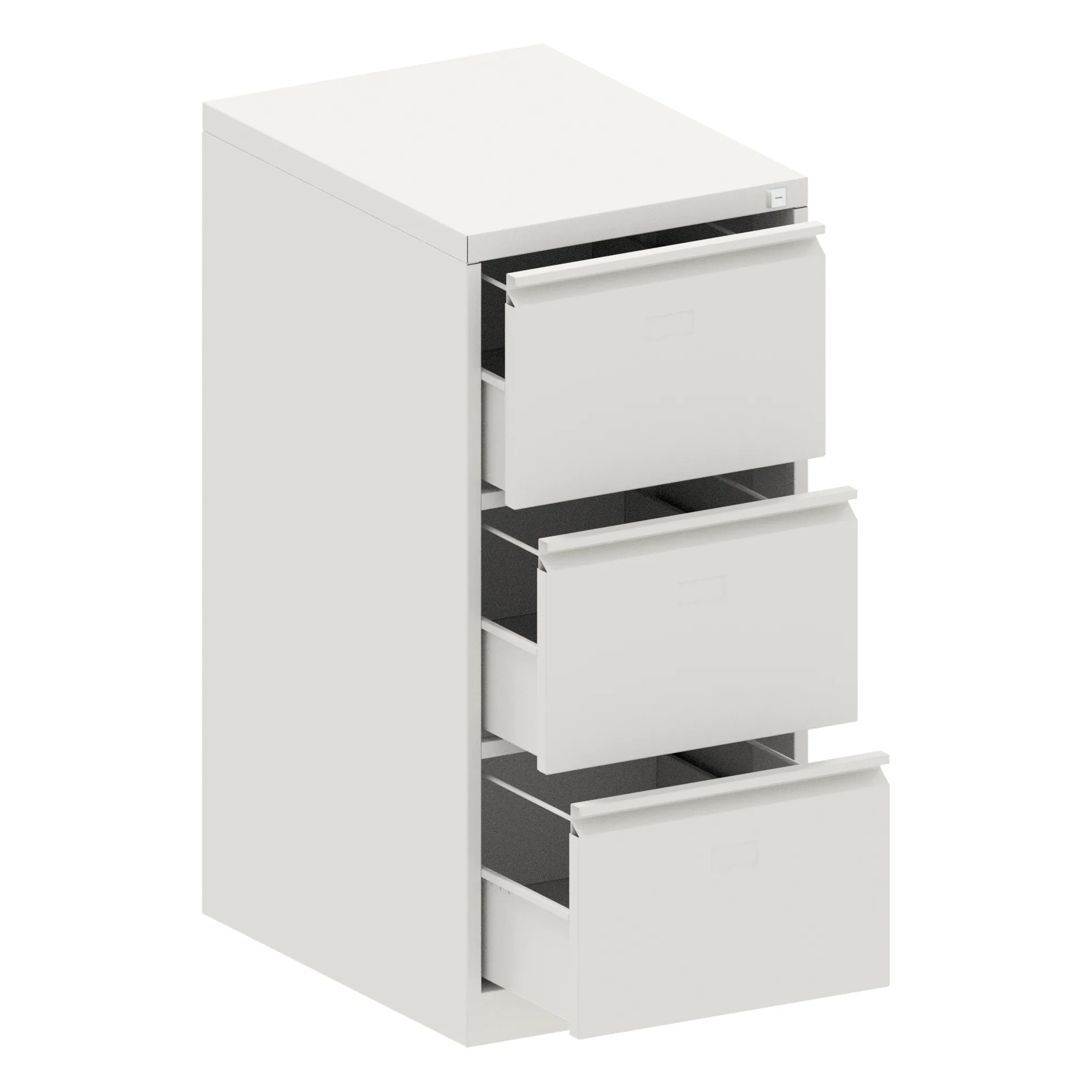 Three drawer steel filing cabinet with the drawers open