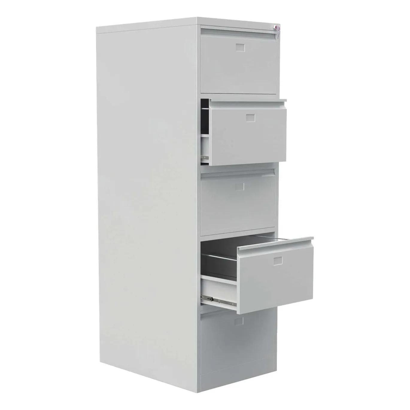Five drawer steel filing cabinet with two drawers open on their slides