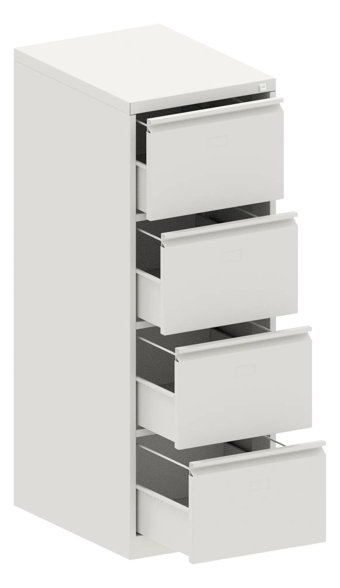 Four drawer steel filing cabinet with every drawer open on telescopic slides