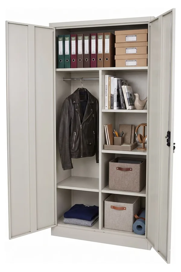 The same cabinet with a shelf added under the hanging rail, splitting that side in two