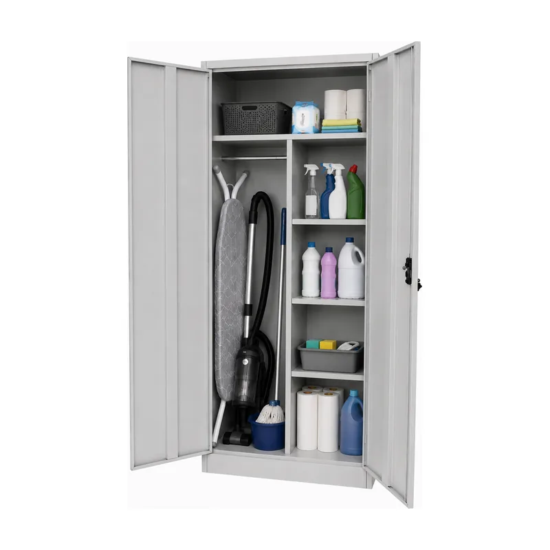 Multi purpose cabinet holding a vacuum cleaner, an ironing board, and a mop on the open side, with cleaning bottles and paper towels on the shelves