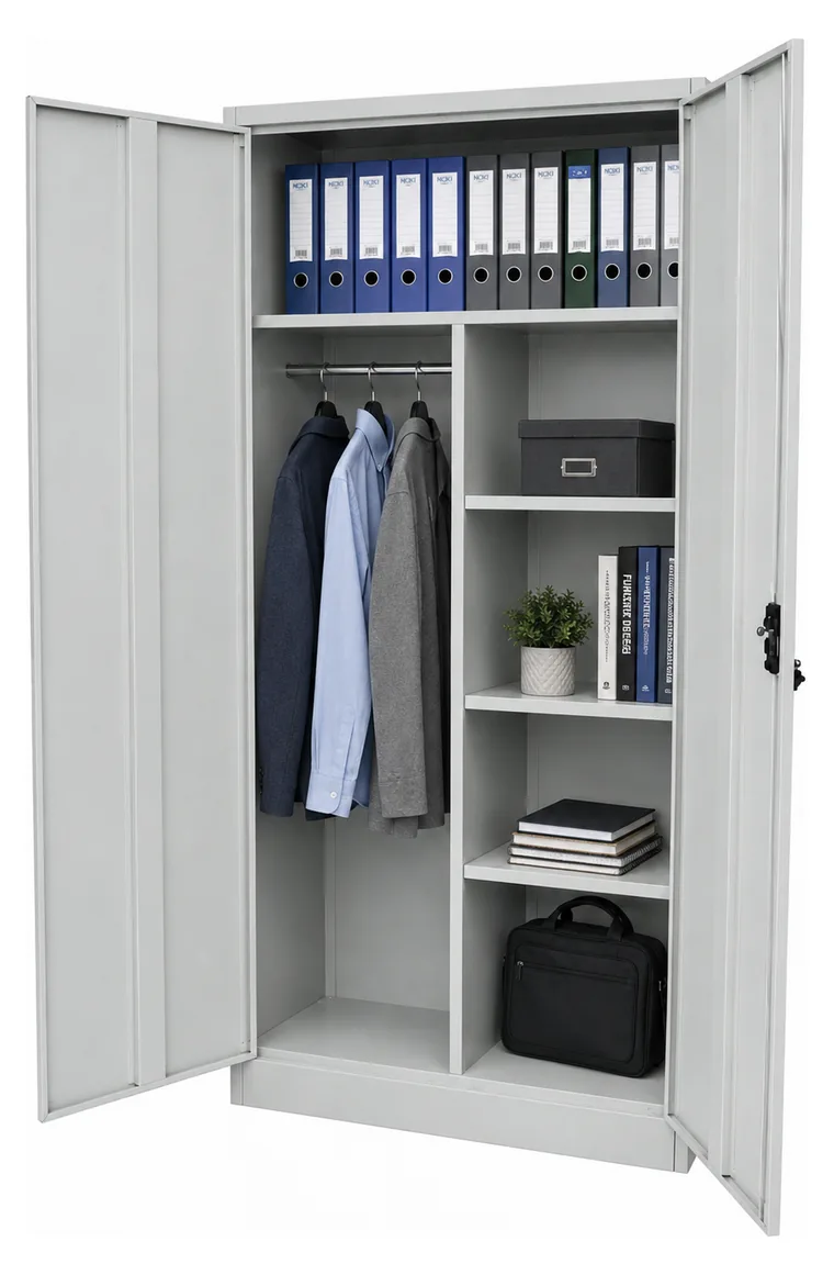 Multi purpose steel cabinet with both doors open, a hanging rail on the left and a column of shelves on the right