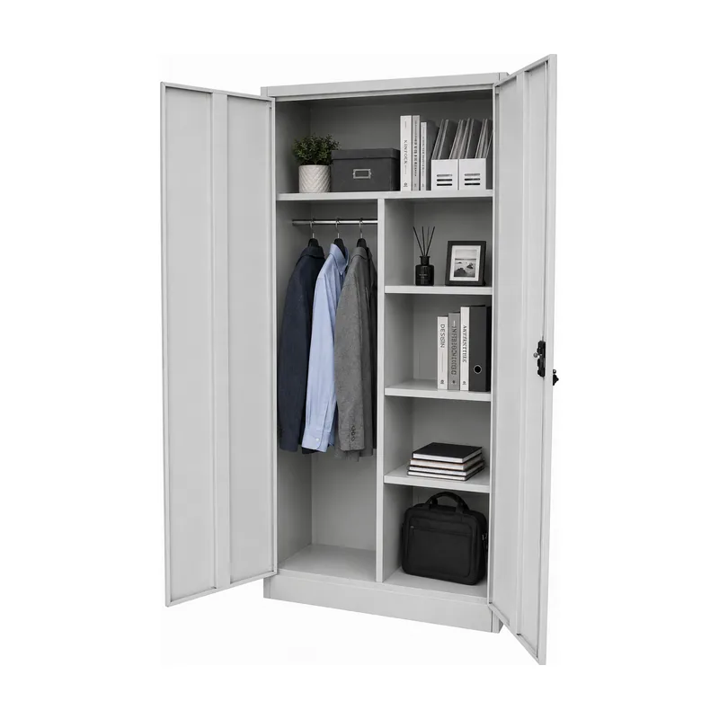 Multi purpose cabinet holding shirts on the rail, a box and magazine files on the top shelf, and books and a laptop bag in the shelf column