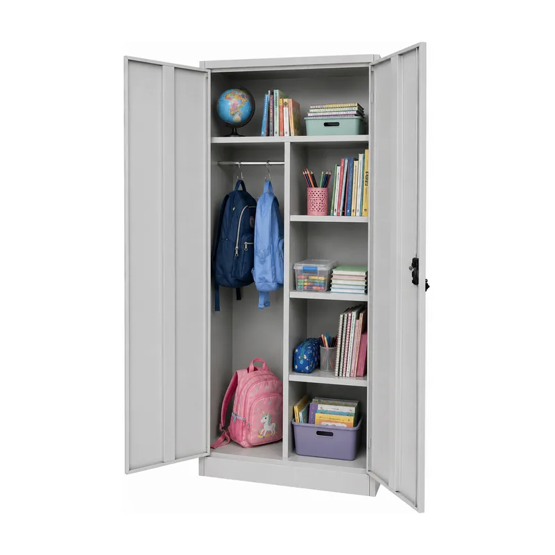 Multi purpose steel cabinet with both doors open, backpacks on the hanging rail and books, a globe, and boxes on the shelves