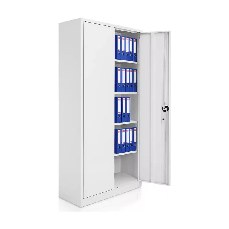 Full-height two-door steel archive cabinet with one door open and shelves of lever-arch files