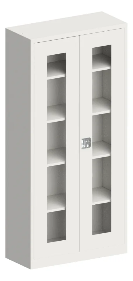 Full-height archive cabinet with a glass window set into each hinged steel door