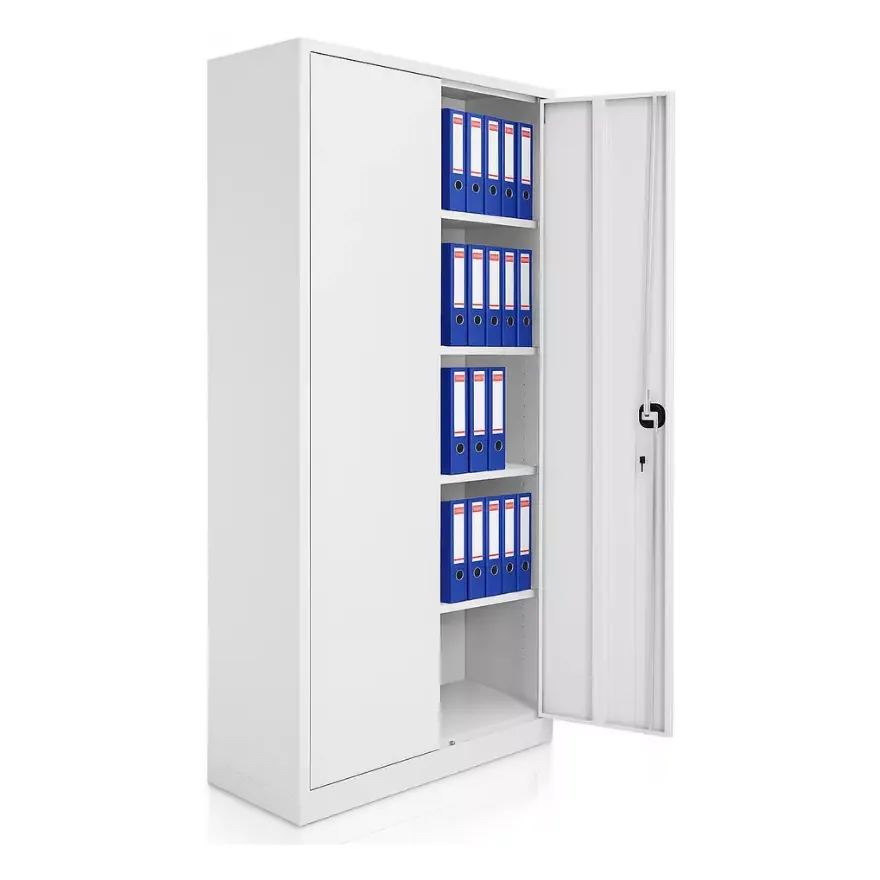 Full-height two-door steel archive cabinet with one door open, showing four shelves of lever-arch files