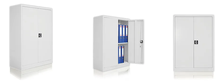 800 mm two-door archive cabinet with one shelf, closed and with one door open