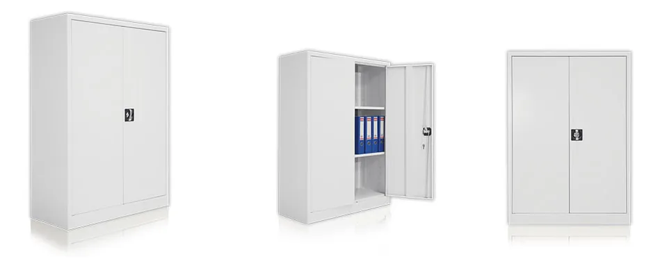 1200 mm two-door archive cabinet with two shelves, closed and with one door open