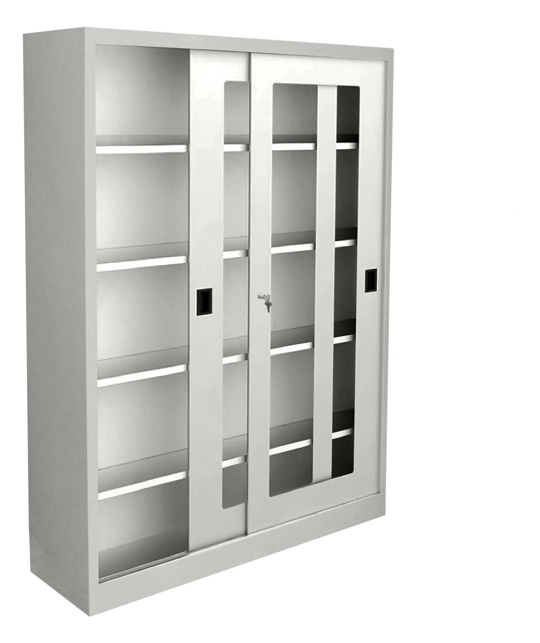 Full-height archive cabinet with sliding steel doors, two glass windows in each leaf