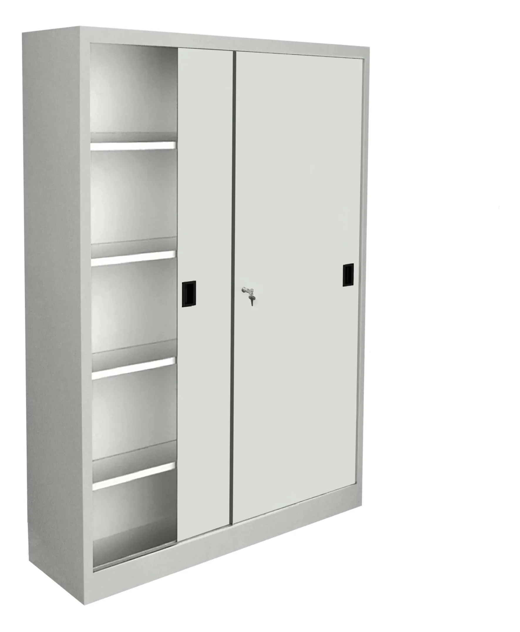Full-height archive cabinet with solid sliding doors, one leaf slid open