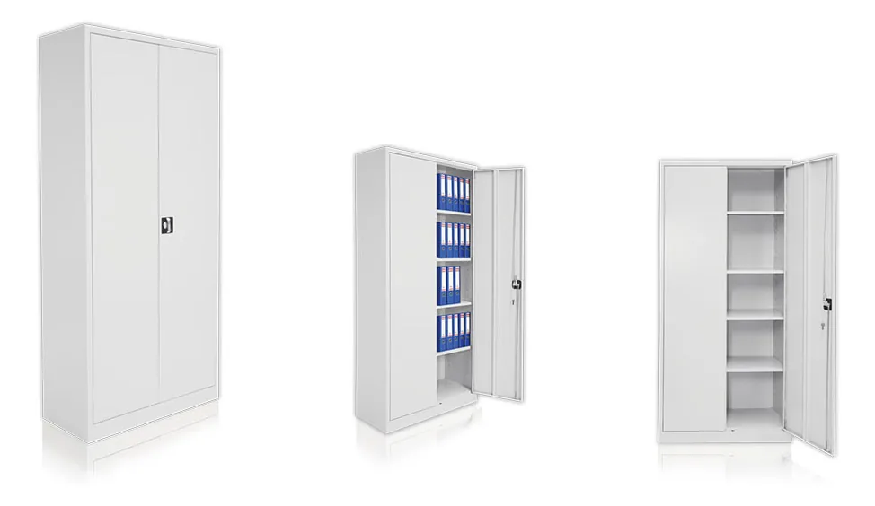 Full-height two-door archive cabinet, closed, open with files on four shelves, and open and empty