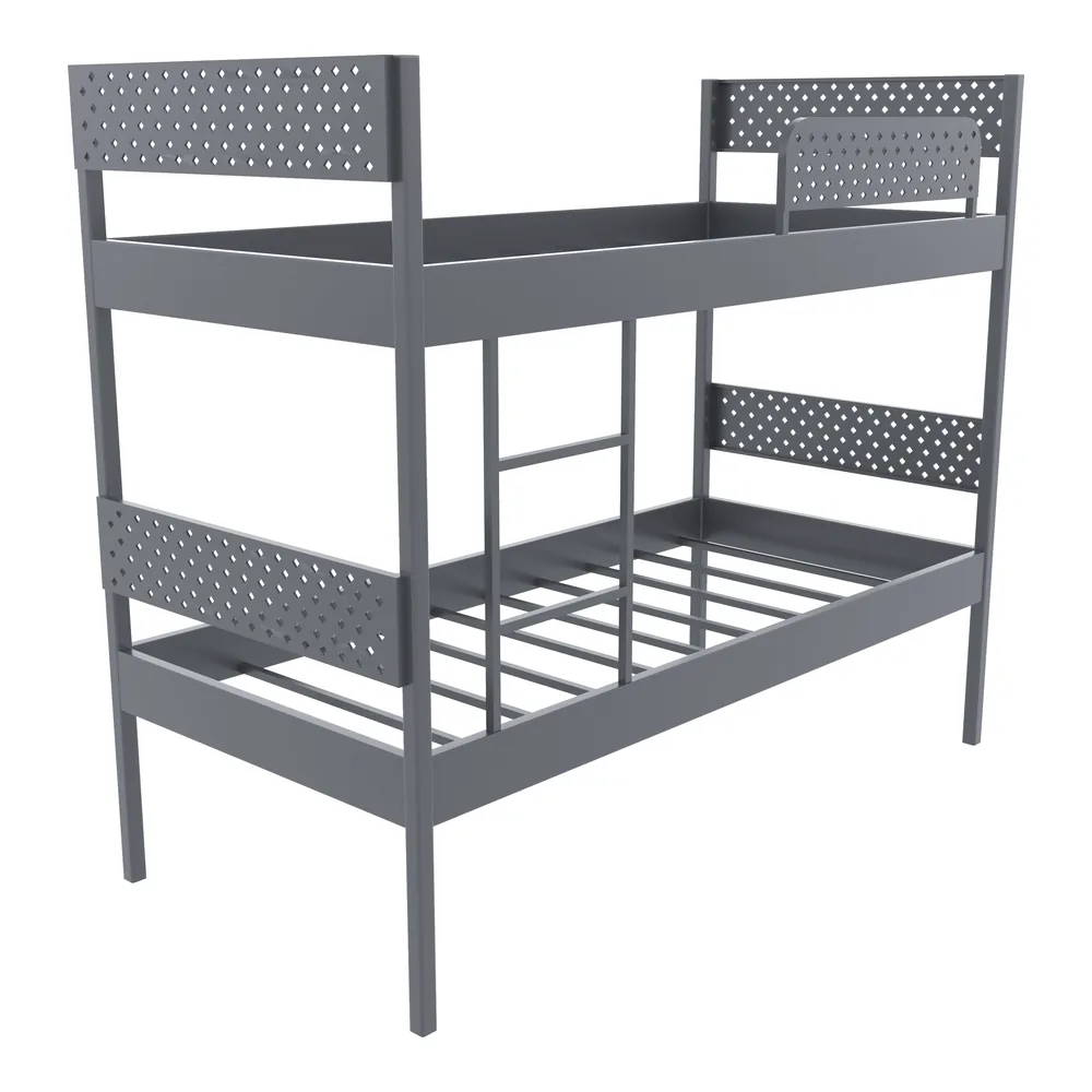 Gray demountable metal bunk bed stacked as a bunk