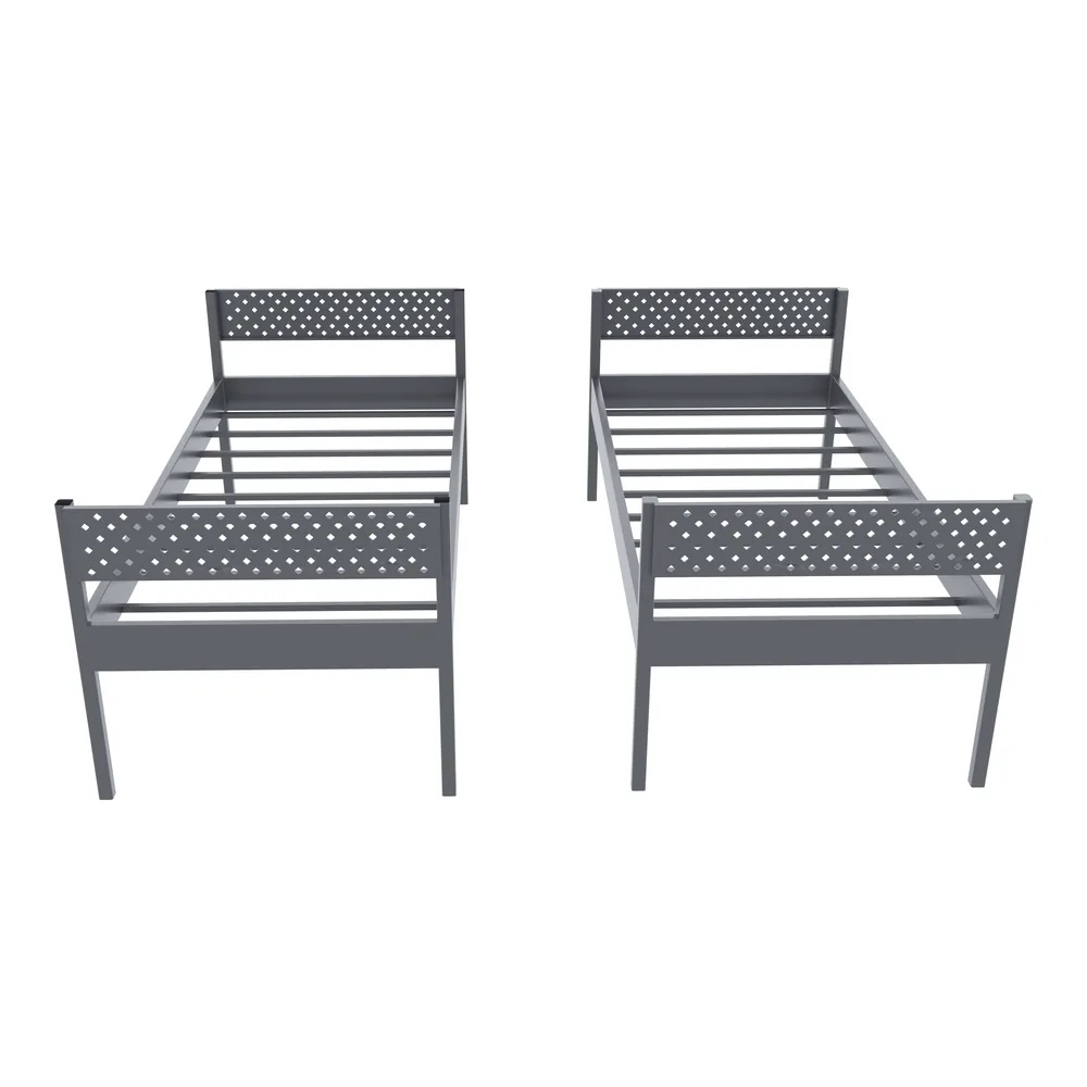 Gray demountable metal bunk bed separated into two single beds