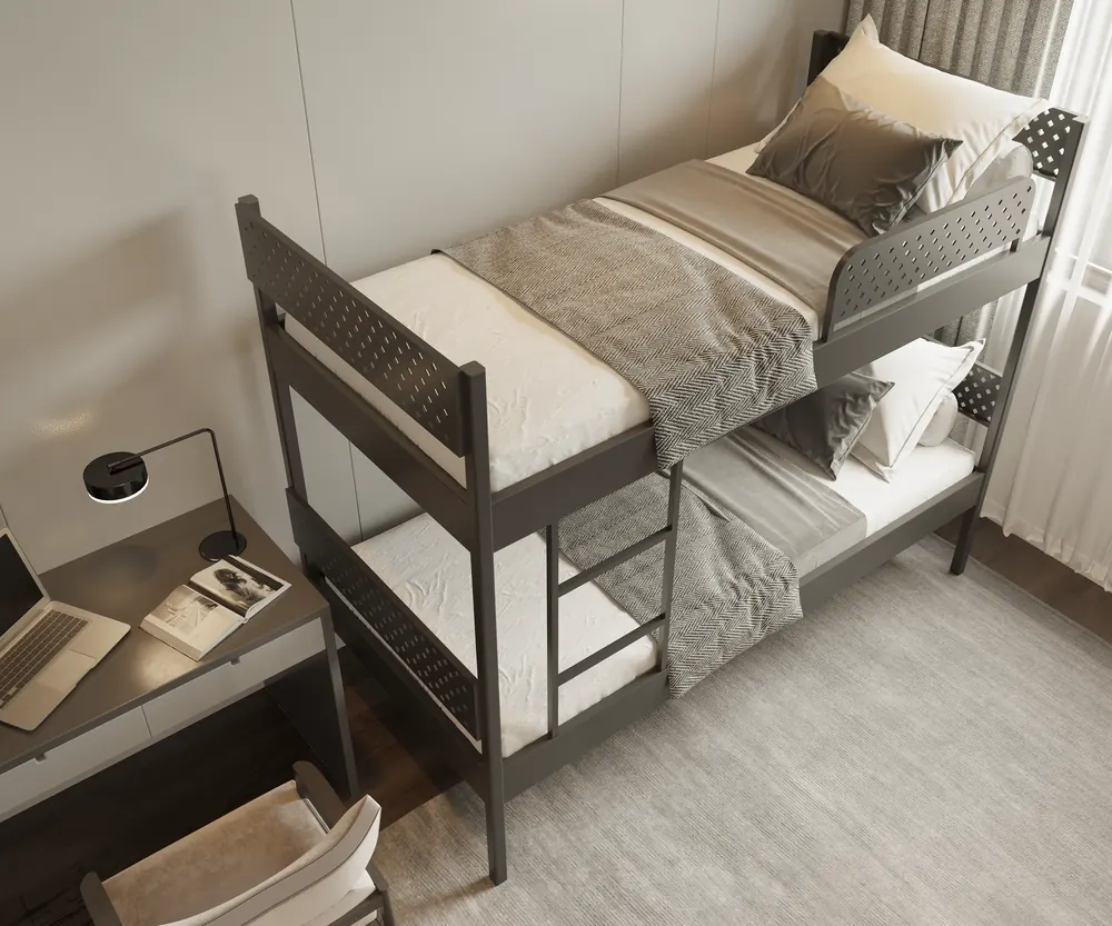 Demountable metal bunk beds in a dormitory room