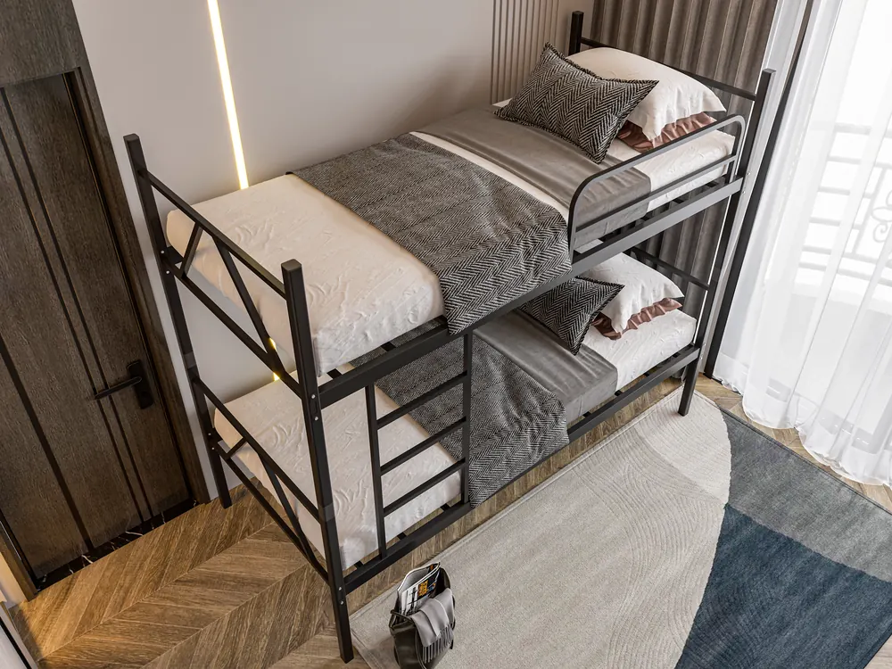 Economic metal bunk bed made up in a room