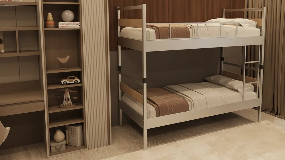Light gray standard metal bunk bed with wood panel details in a bedroom