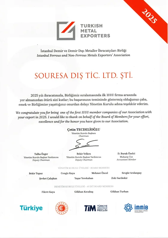 Istanbul Ferrous and Non-Ferrous Metals Exporters Association certificate for 2025