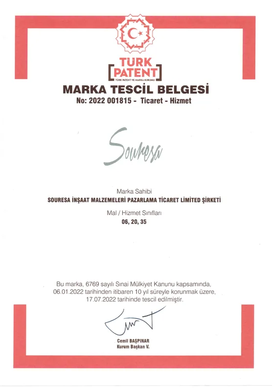 Turkish Patent and Trademark Office registration certificate for the SOURESA trademark
