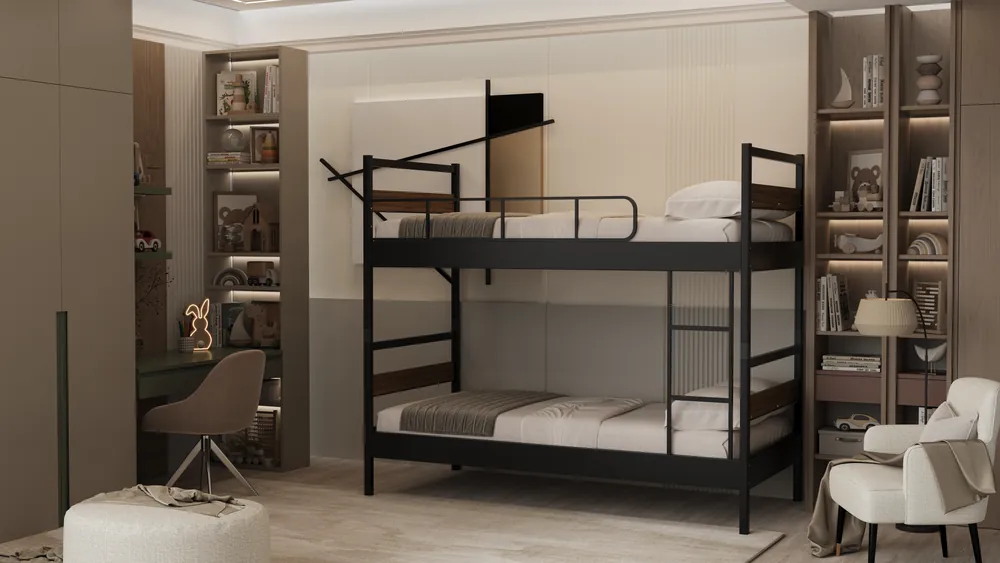 Black metal bunk bed in a dormitory room