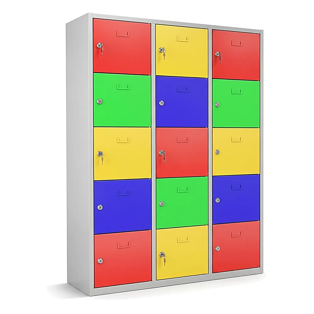 Multi-compartment steel locker with 15 colorful doors in red, green, yellow, and blue