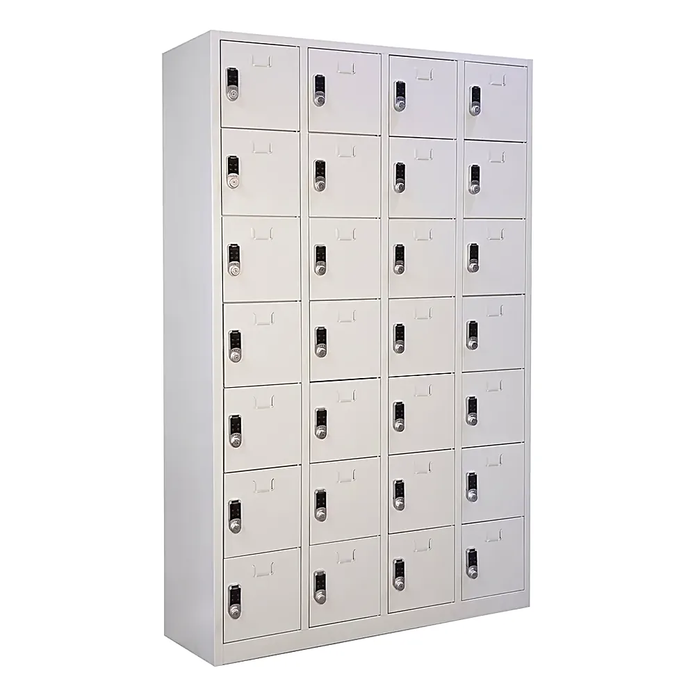 Narrow-compartment steel locker with 28 cells and electronic locks, front view
