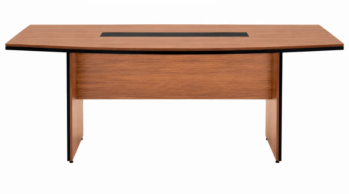 Office meeting table seen from the front, showing the bow of the long edge and the position of the legs