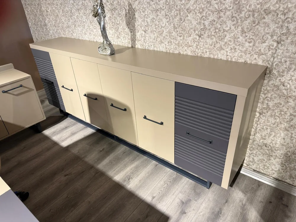 Six-door office cabinet in cream laminate with two channelled gray door panels