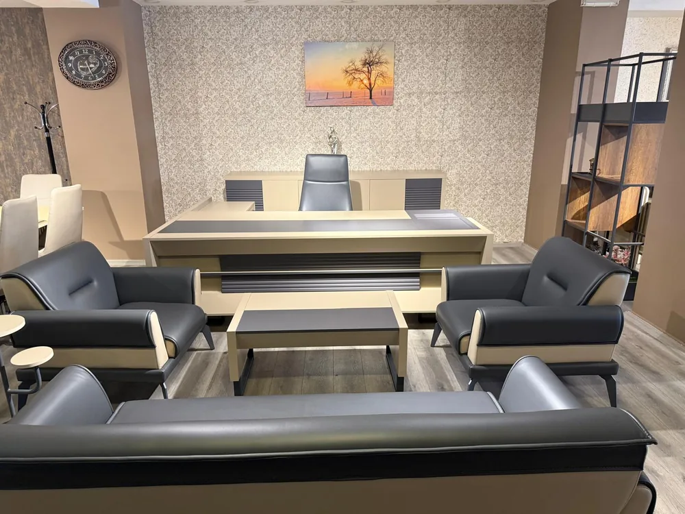 Executive office desk seen from the front, with the channelled panel running the full width