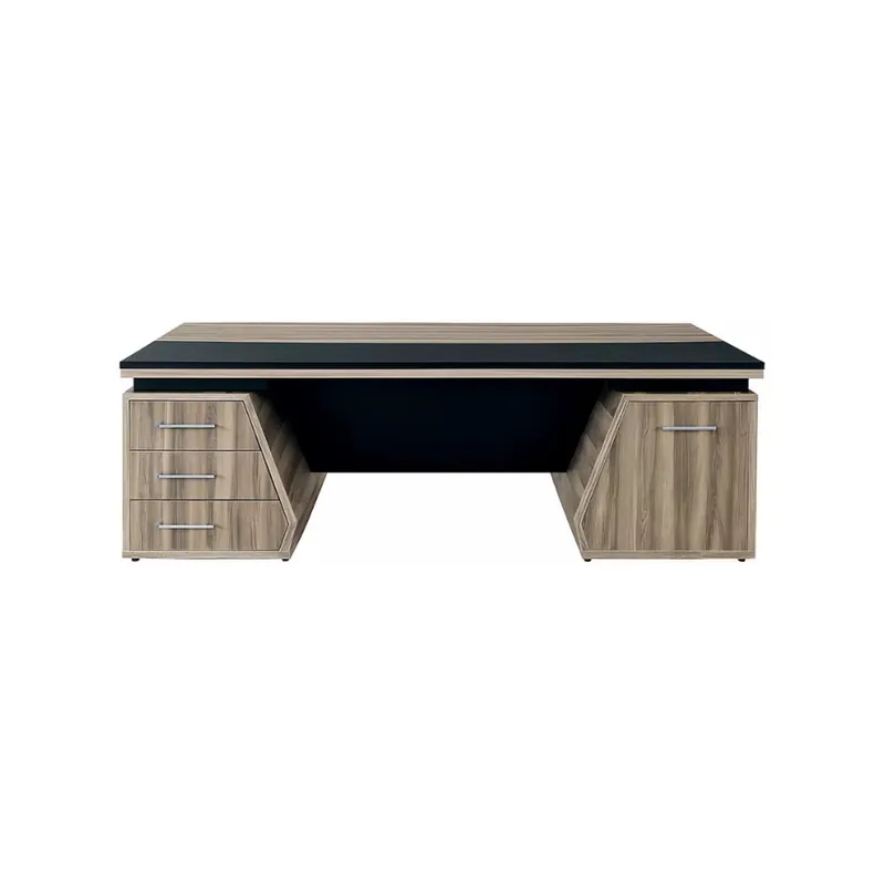Executive office desk in light oak with a black top inlay, a three drawer pedestal, and a cupboard