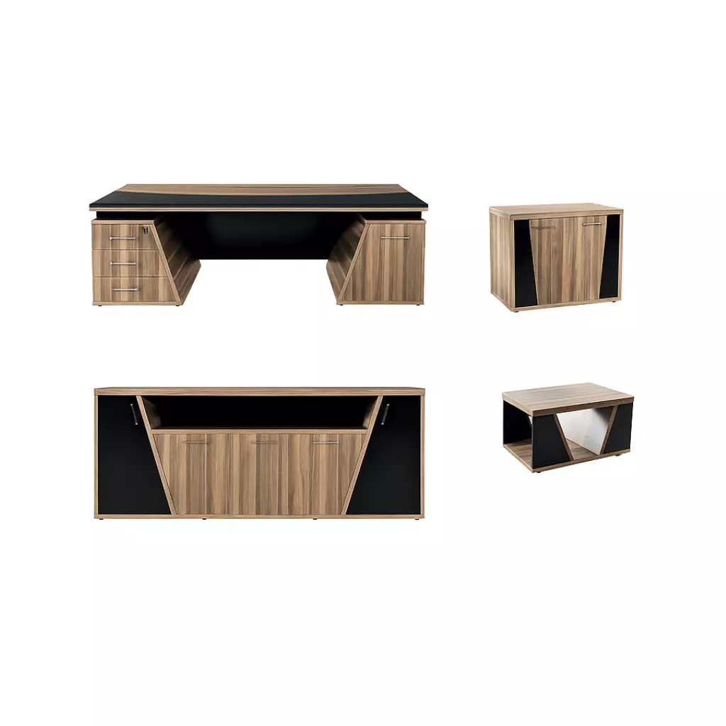 Executive office desk, side unit, six-door cabinet, and coffee table in a matching decor