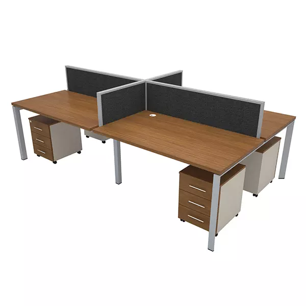 Four person office workstation cluster with divider panels crossing between the desks