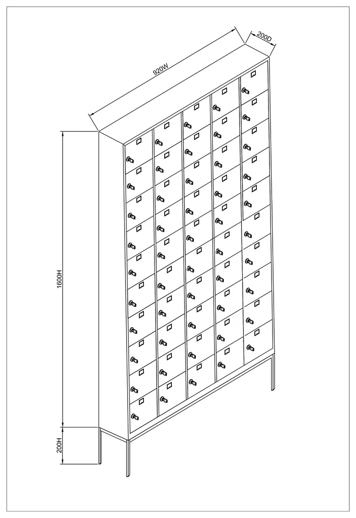 50-compartment phone and pocket locker on a 200 mm floor stand, dimensioned drawing