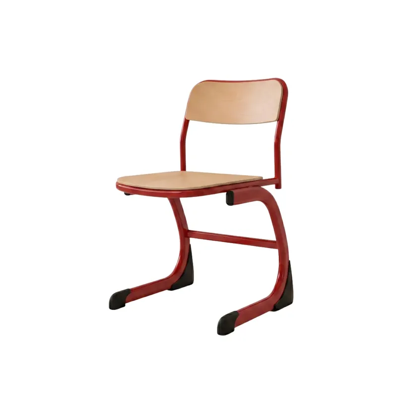 Red classic school chair with wooden seat and metal frame