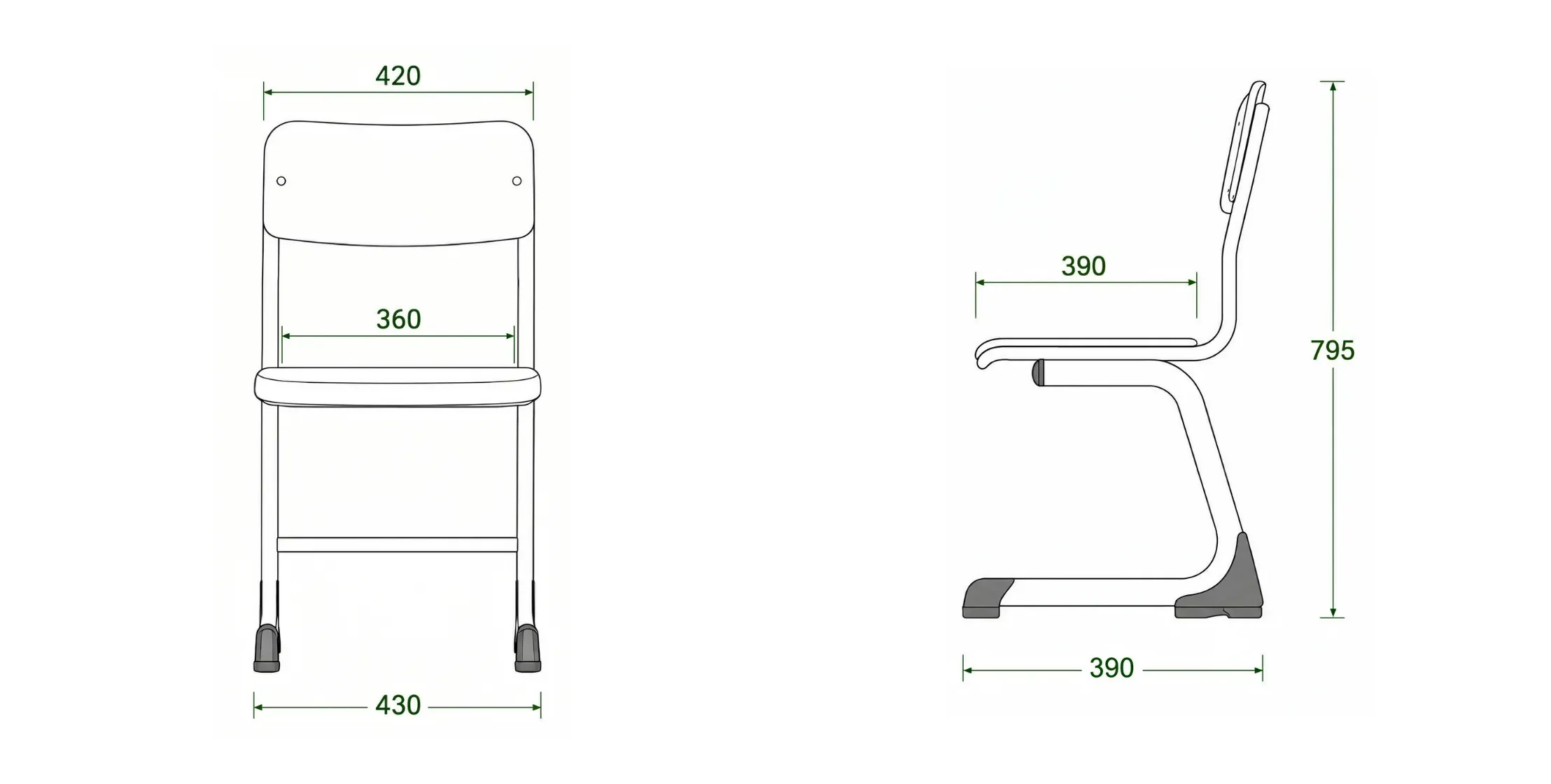 Classic school chair technical drawing with dimensions