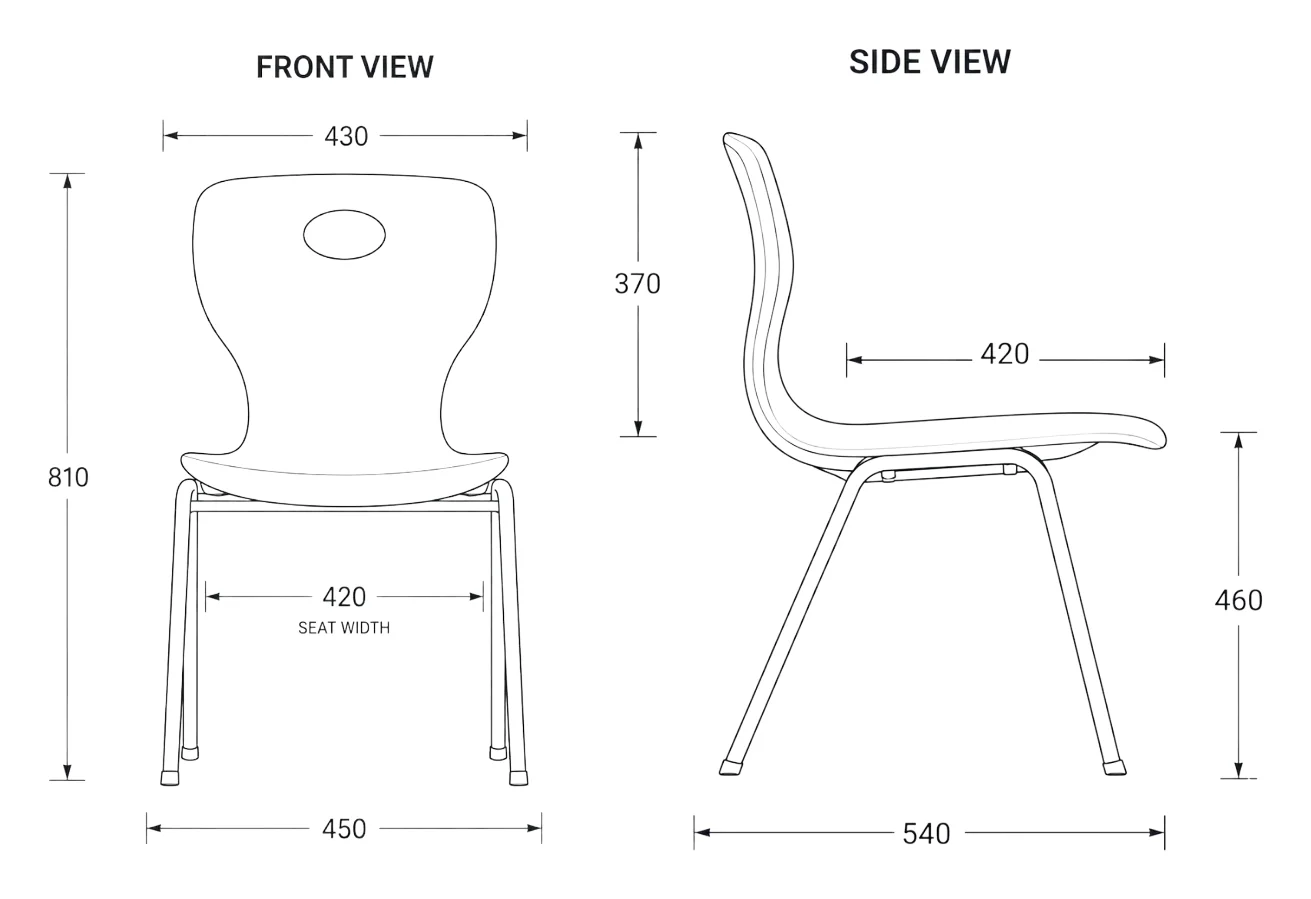 Plastic school chair technical drawing with dimensions