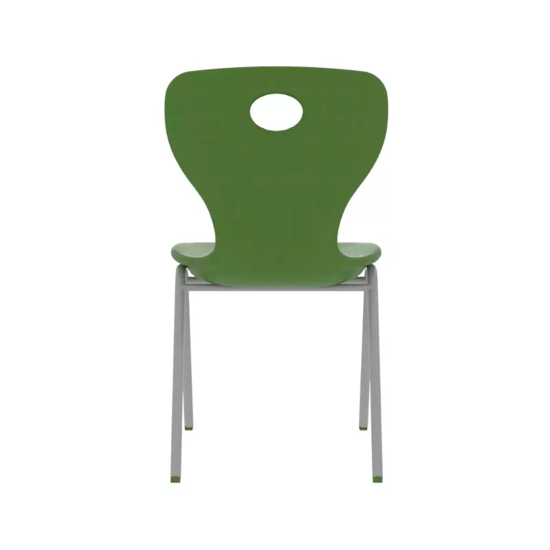 Green plastic school chair, back view