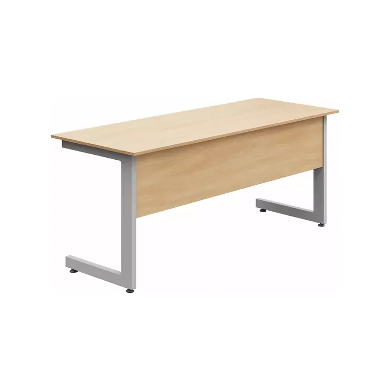 Teacher desk on C shaped steel legs seen from the side
