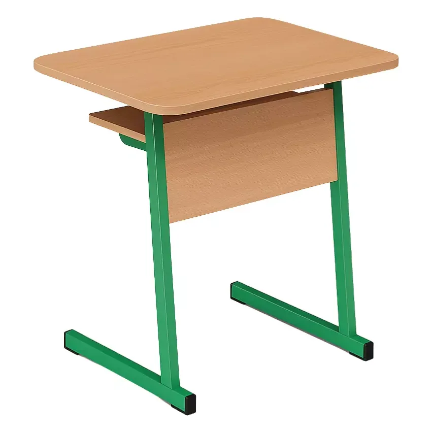 Single student desk with a beech top and a green steel frame, seen from an angle