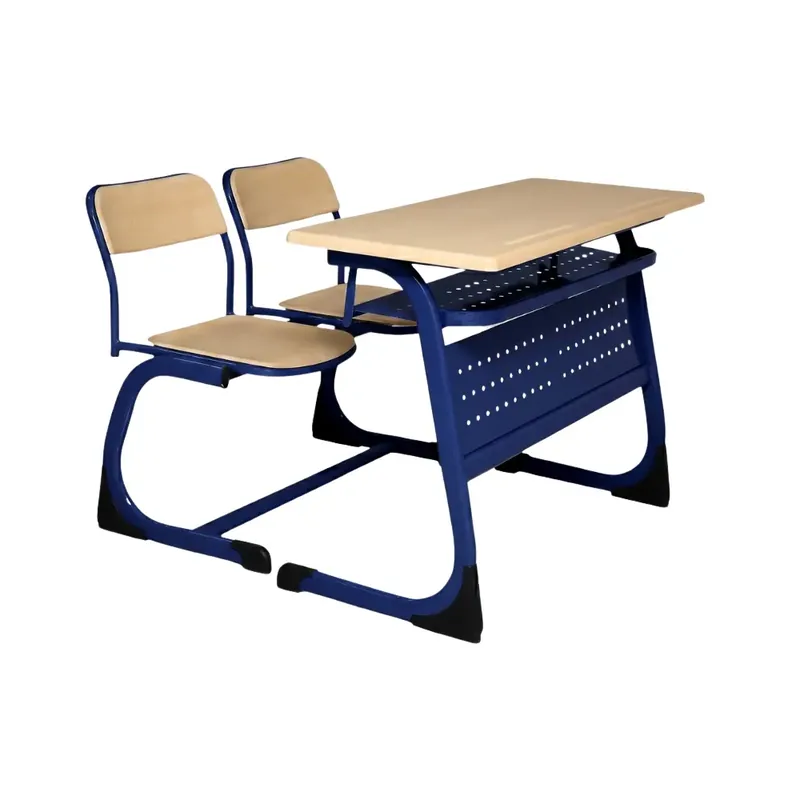 Blue double classroom chair desk set with metal frame