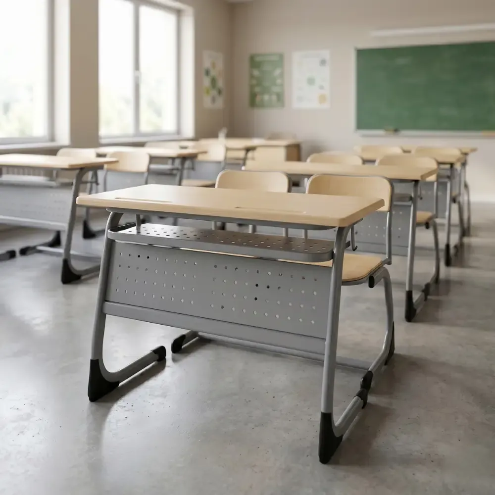 Classroom furnished with double desk and chair sets on gray metal frames