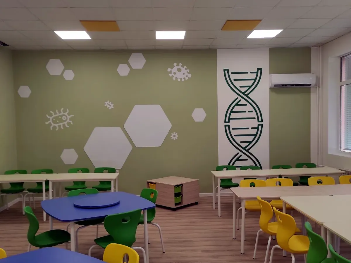 Green and yellow stackable school chairs in a classroom with a DNA wall graphic